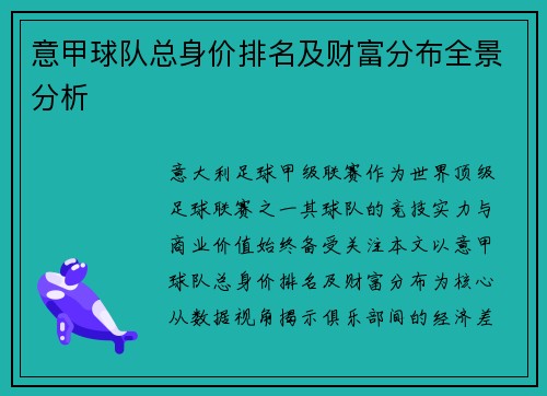 意甲球队总身价排名及财富分布全景分析