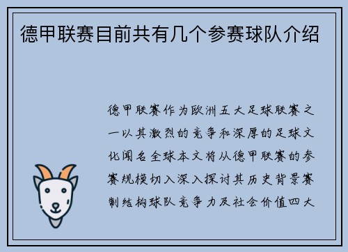 德甲联赛目前共有几个参赛球队介绍