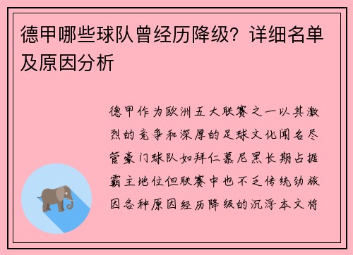 德甲哪些球队曾经历降级？详细名单及原因分析